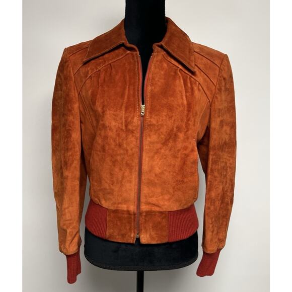Vintage 1970's Rust Orange Suede Bomber Jacket Womens Small Leather Groovy 70s - Picture 1 of 15